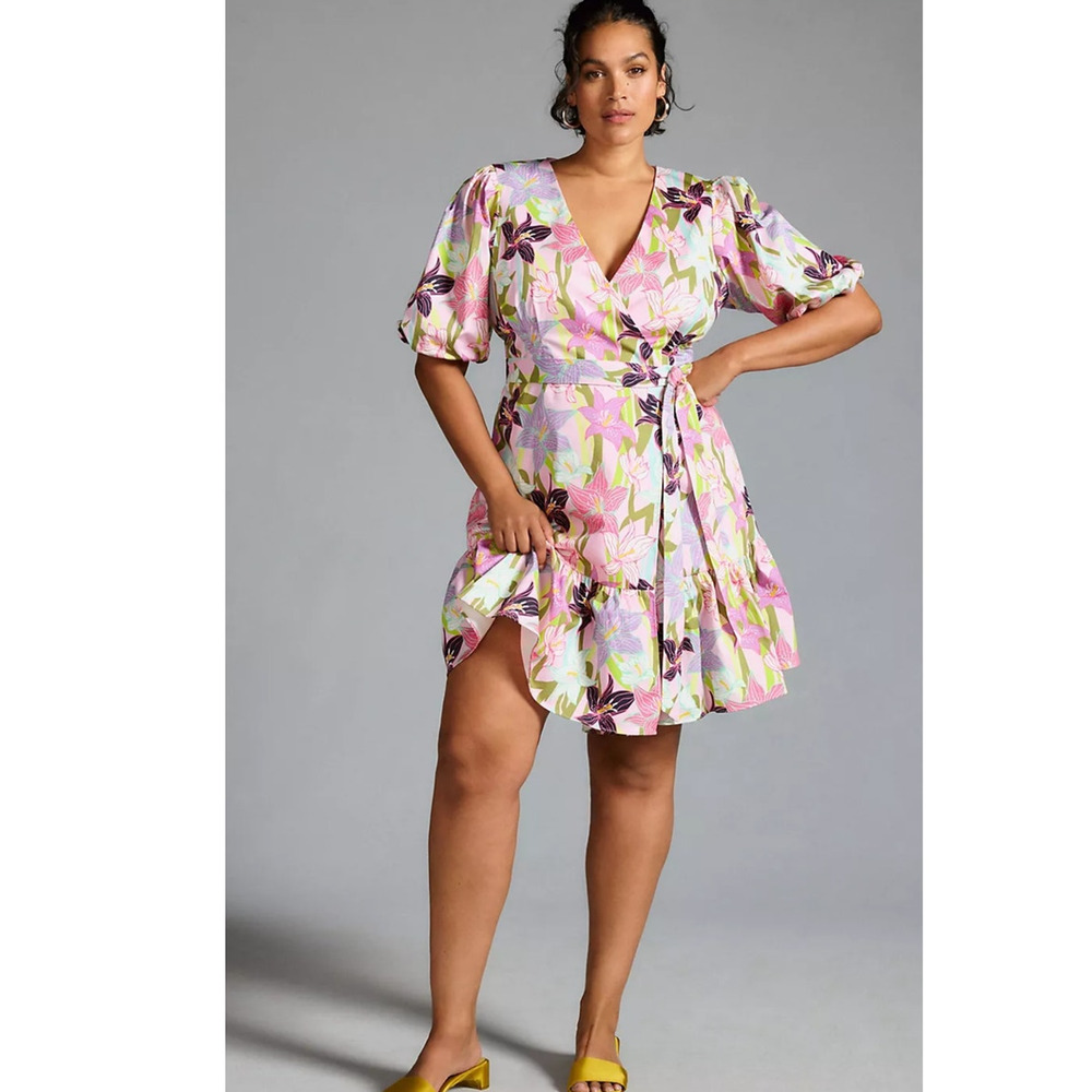 NWT Anthropologie Hutch Puff-Sleeve Wrap Dress $178 X-SMALL PETITE Pink Floral